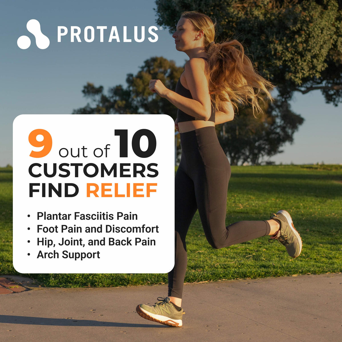 Woman running outdoors with Protalus advertisement about customer relief from various pain conditions.