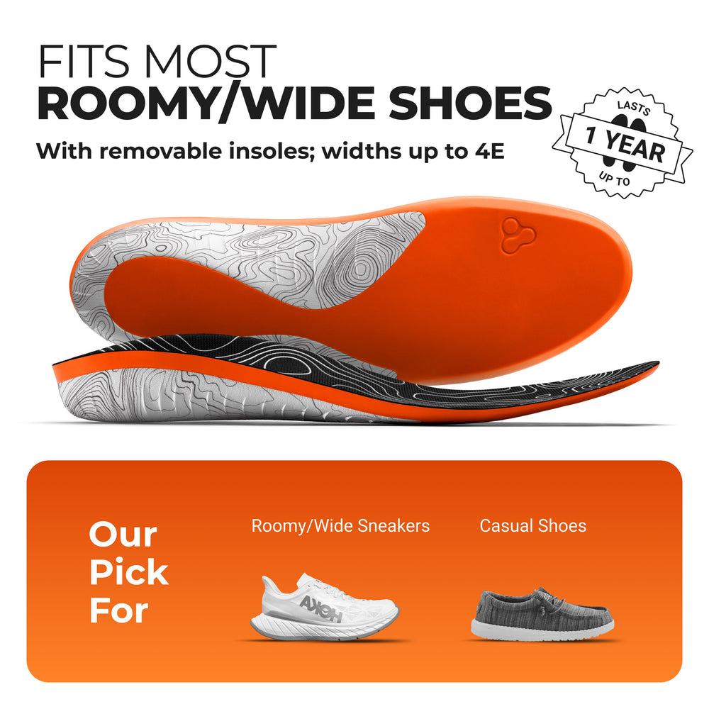 Orange and gray shoe insole with text about roomy/wide shoes and insole durability.