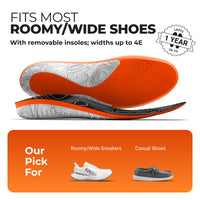 Orange and gray shoe insole with text about roomy/wide shoes and insole durability.