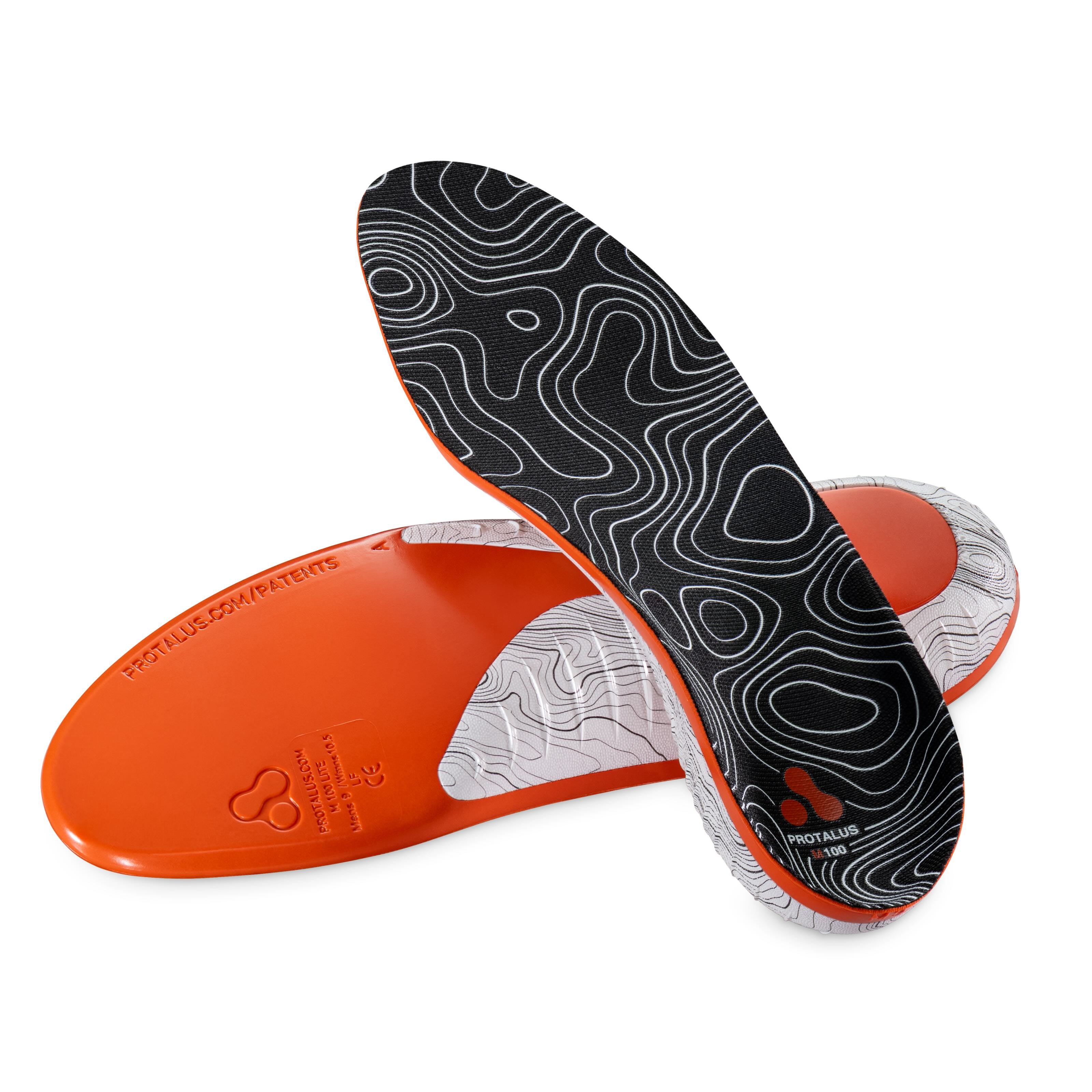 Protalus M100 Insoles: Inside view of insole on top of bottom view, against a white background