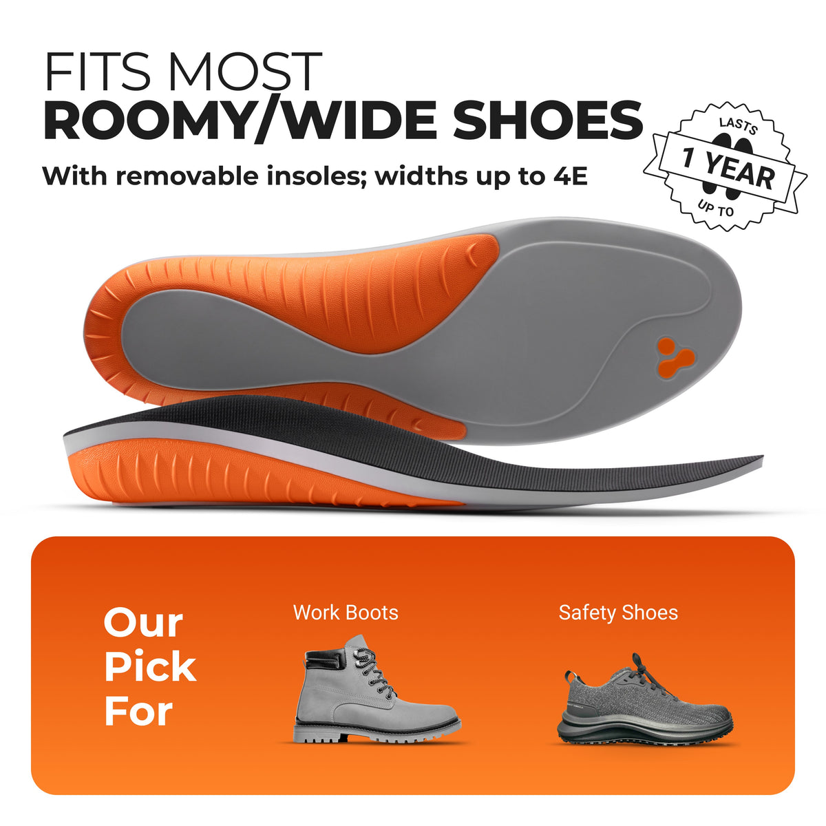 Shoe insert with orange and gray design, labeled for wide or roomy shoes, on a white background.