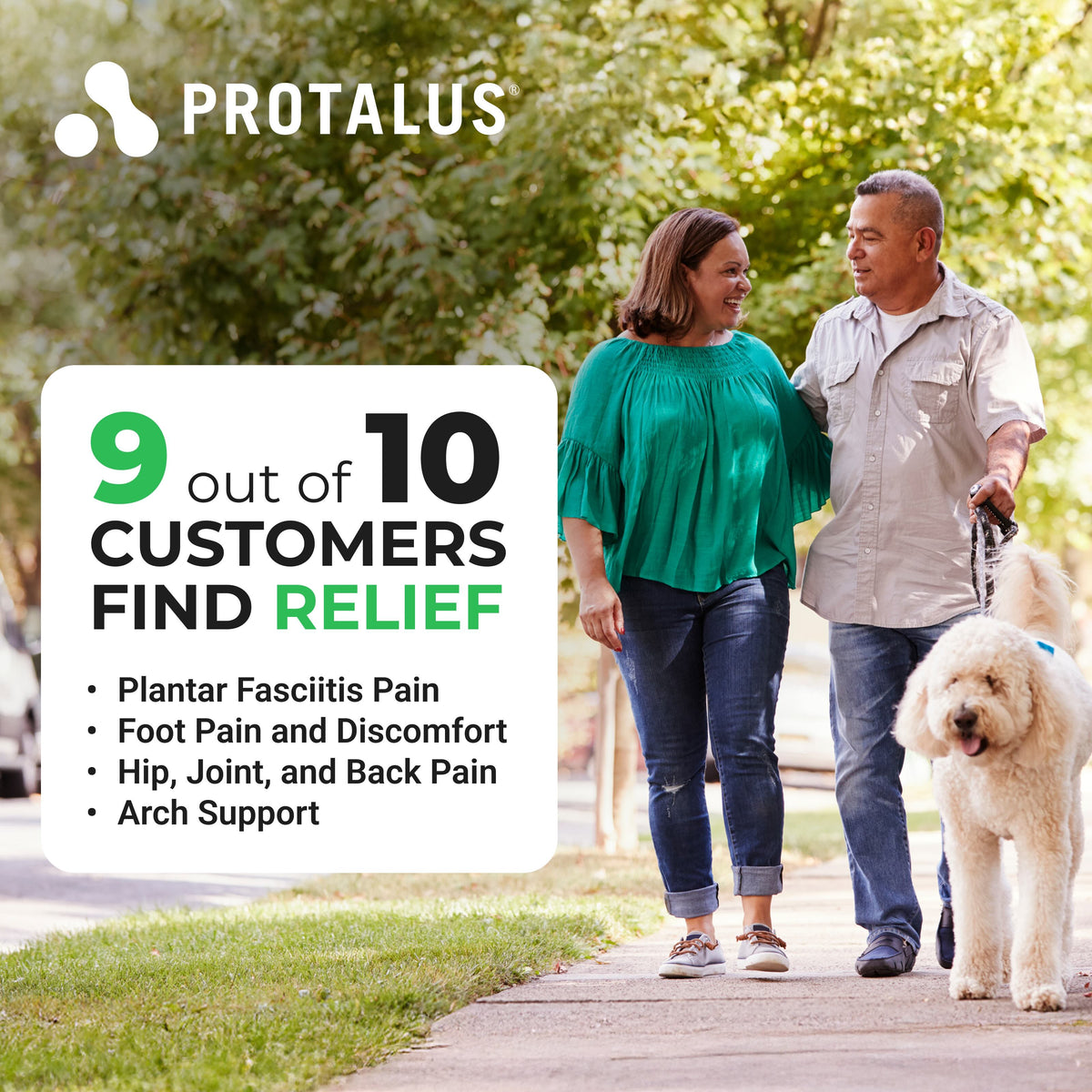 Couple walking a dog with Protalus advertisement about customer relief from joint pain.