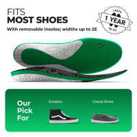 Green shoe insole with text about fit and compatibility, displayed on a white background.