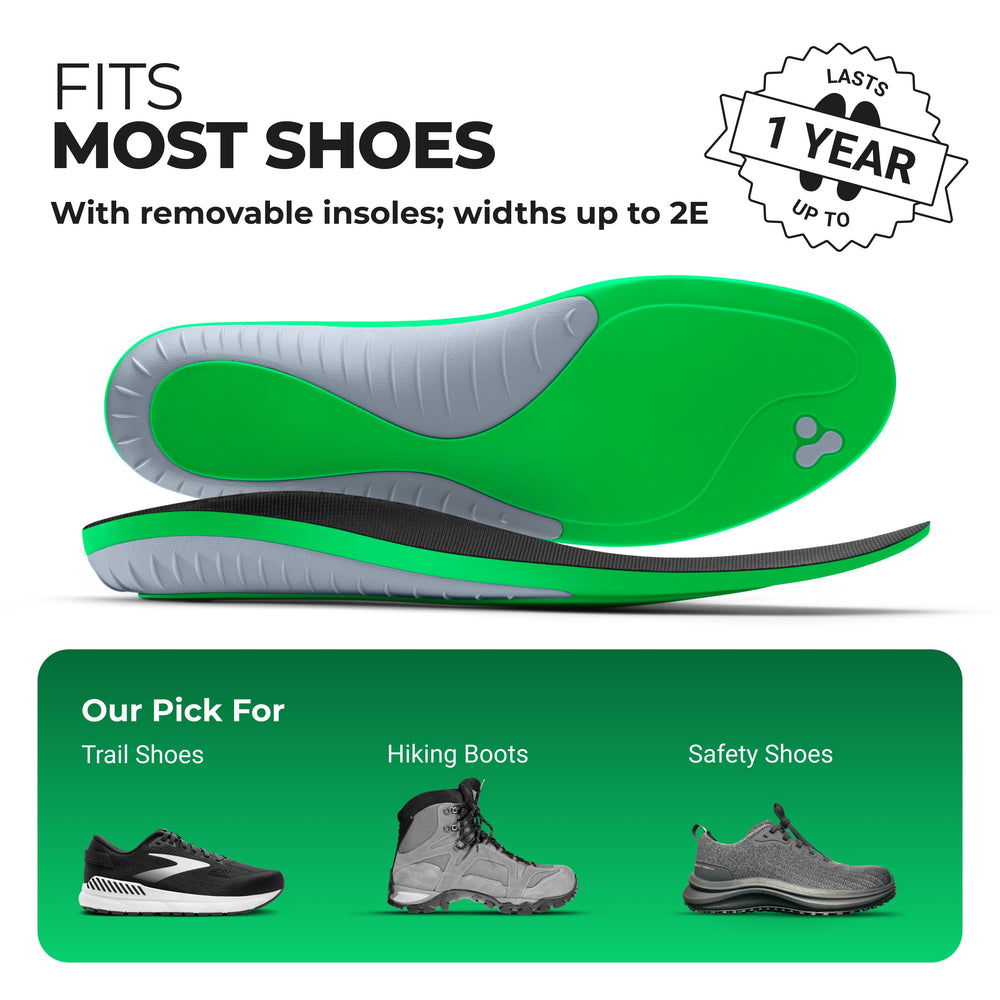 Green shoe insole with text about compatibility and product features on a white background