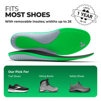 Green shoe insole with text about compatibility and product features on a white background