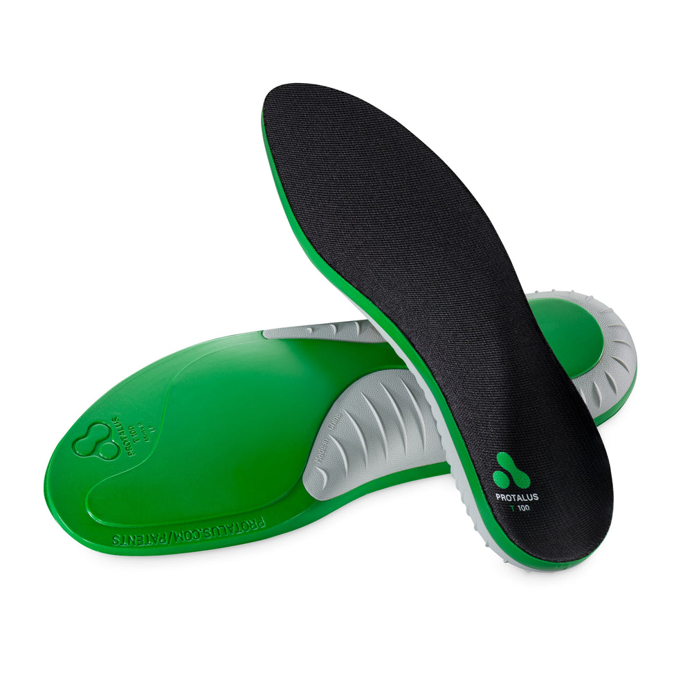 Protalus T-100 Elite Insoles: Green and black shoe insole on a white background